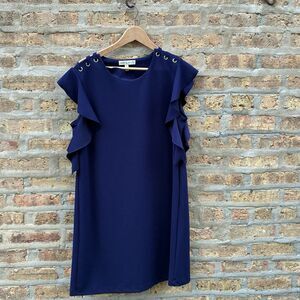Jamie & Layla‎ Women’s Blue Solid Shift Dress Round Neck Ruffle Sleeve Size L